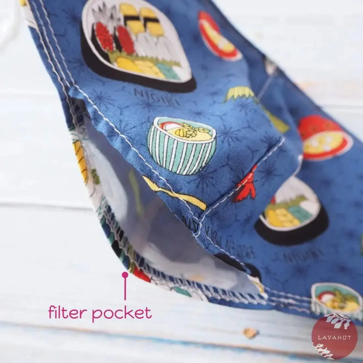 Adjustable + Filter Pocket • Blue ?I Love Sushi’ - Made in Hawaii