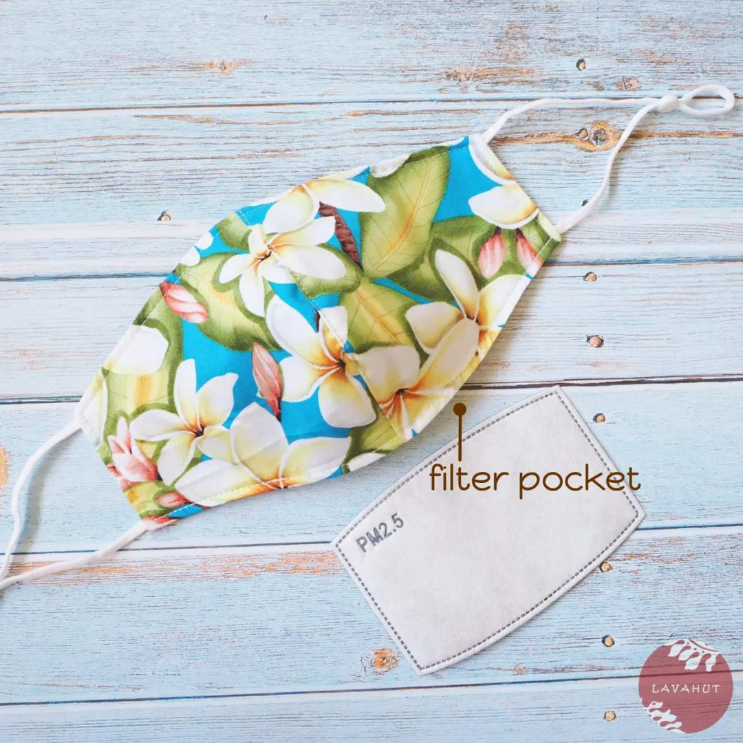 Adjustable + Filter Pocket ?? Blue Plumeria Fever - Made in Hawaii