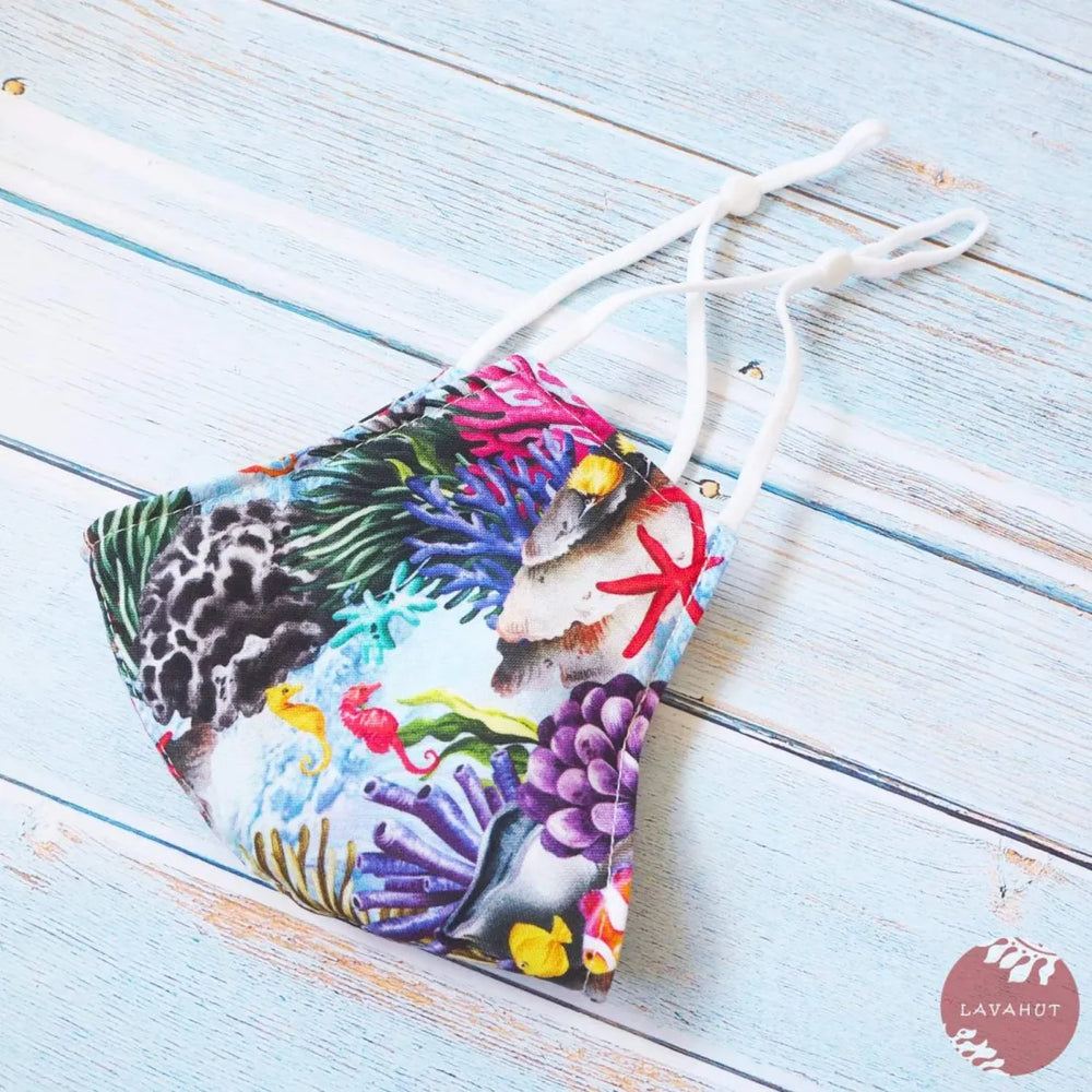 Adjustable + Filter Pocket • Blue Sea Horse & Coral Reef - Made in Hawaii