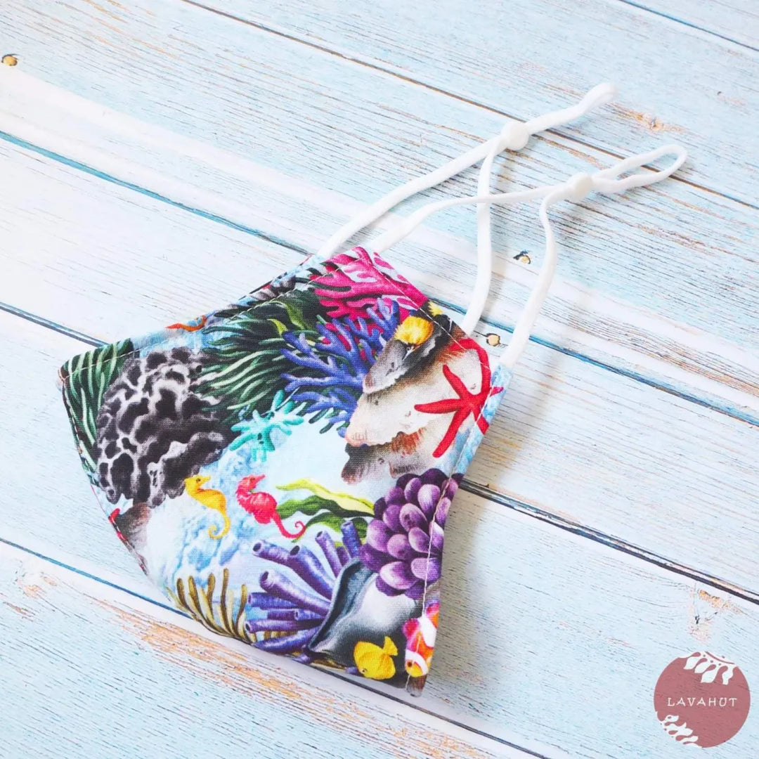 Adjustable + Filter Pocket • Blue Sea Horse & Coral Reef - Made in Hawaii