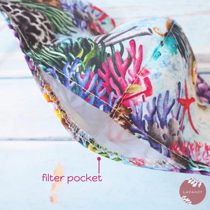 Adjustable + Filter Pocket • Blue Sea Horse & Coral Reef - Made in Hawaii