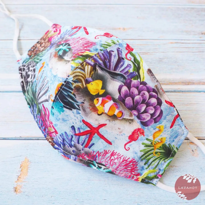 Adjustable + Filter Pocket • Blue Sea Horse & Coral Reef - Made in Hawaii