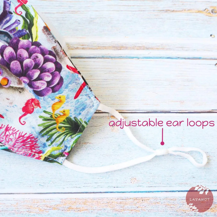 Adjustable + Filter Pocket • Blue Sea Horse & Coral Reef - Made in Hawaii