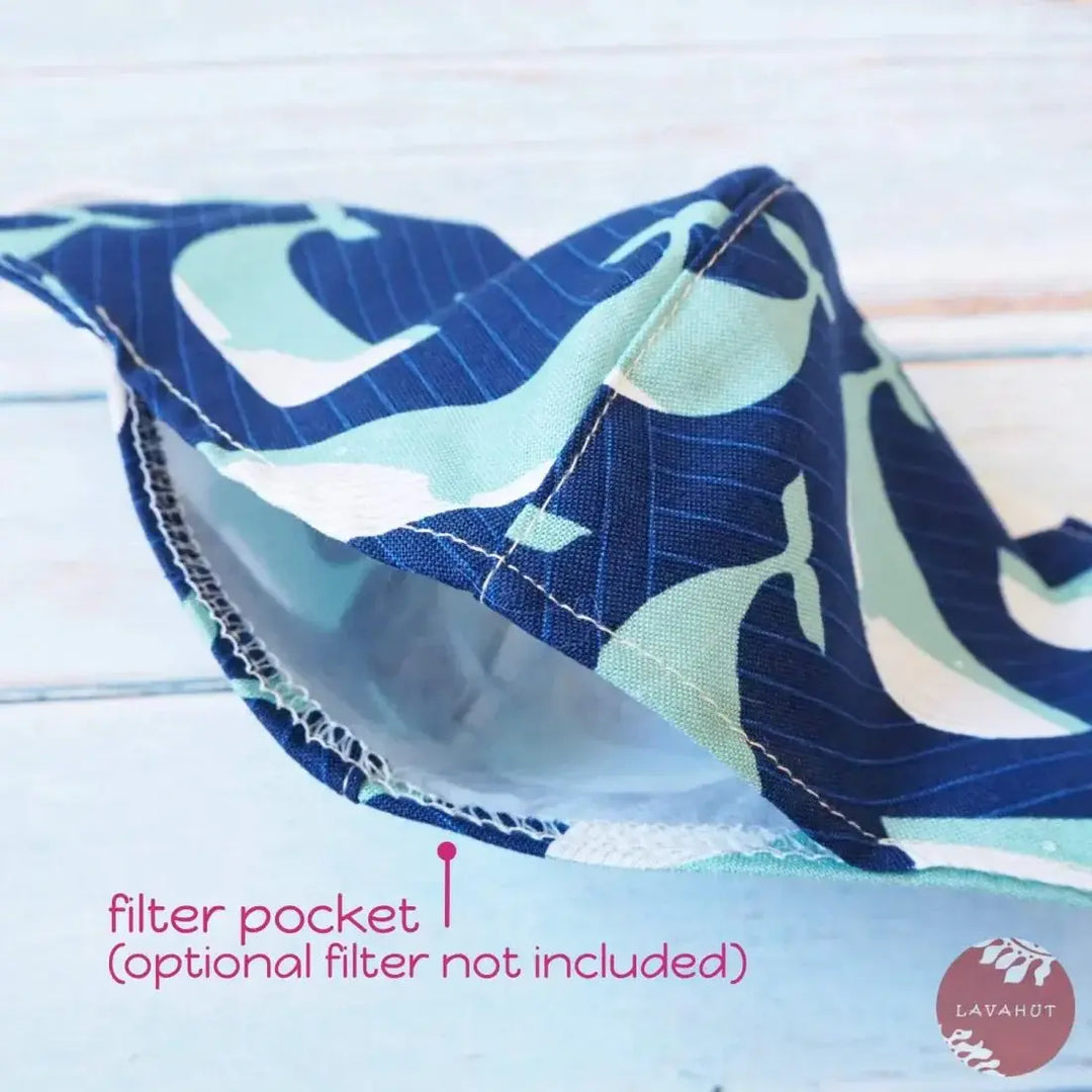 Adjustable + Filter Pocket • Navy Blue Gentle Whales - Made in Hawaii