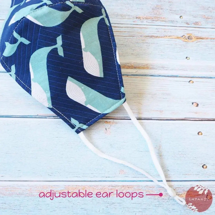 Adjustable + Filter Pocket • Navy Blue Gentle Whales - Made in Hawaii