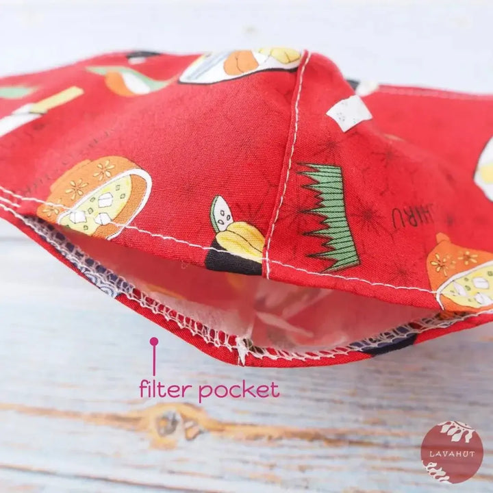 Adjustable + Filter Pocket • Red ?I Love Sushi’ - Made in Hawaii