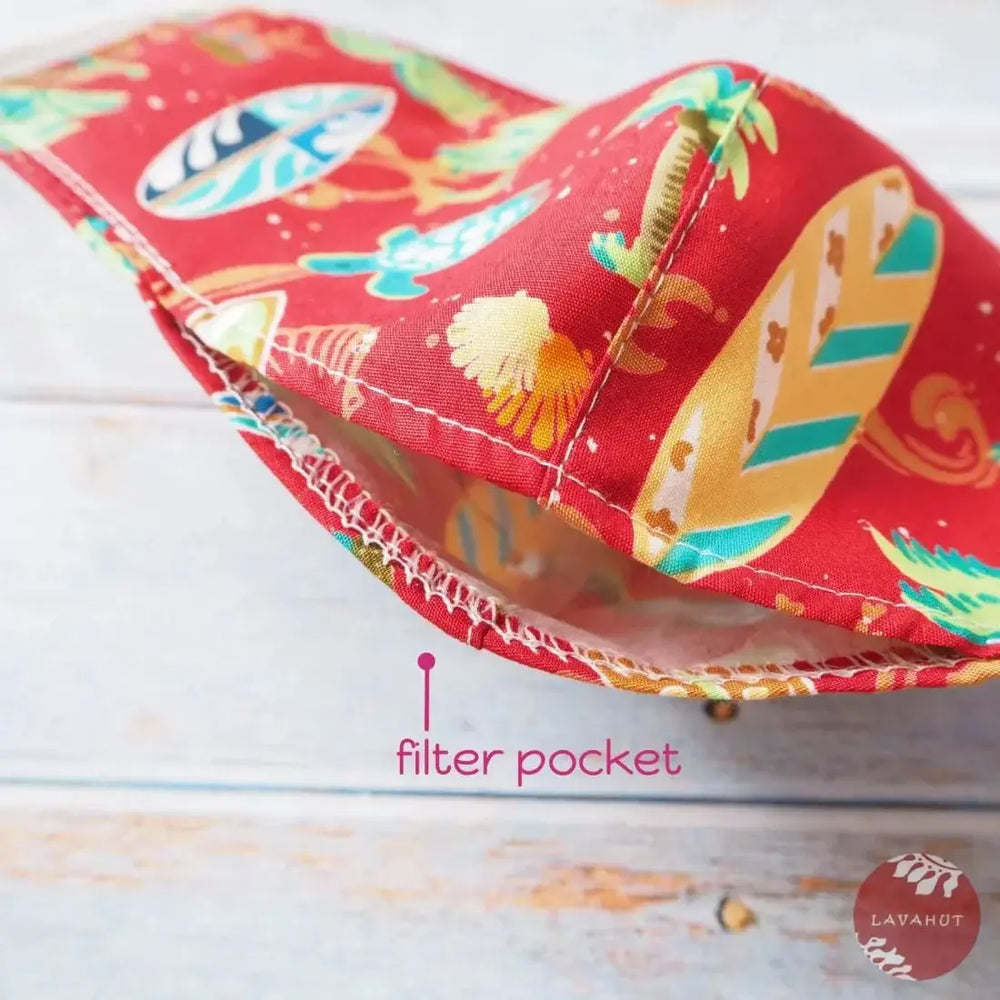 Adjustable + Filter Pocket • Red ?Let’s Surf’ - Made in Hawaii