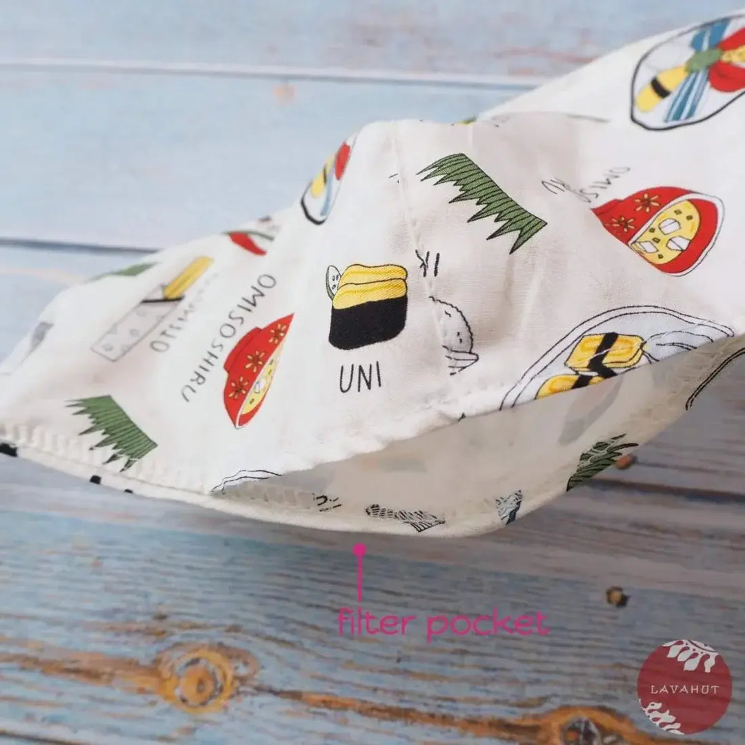 Adjustable + Filter Pocket • White ?I Love Sushi’ - Made in Hawaii