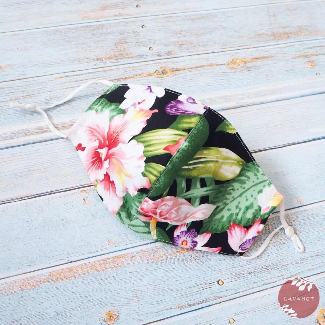 Adjustable Tropical Face Mask ?? Black Flower Kiss - Made in Hawaii