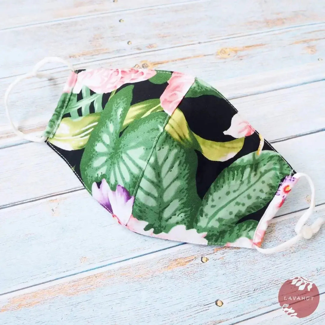 Adjustable Tropical Face Mask • Black Flower Kiss - Made in Hawaii