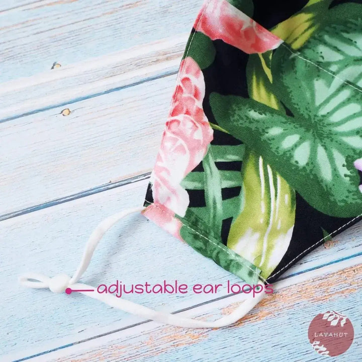 Adjustable Tropical Face Mask • Black Flower Kiss - Made in Hawaii