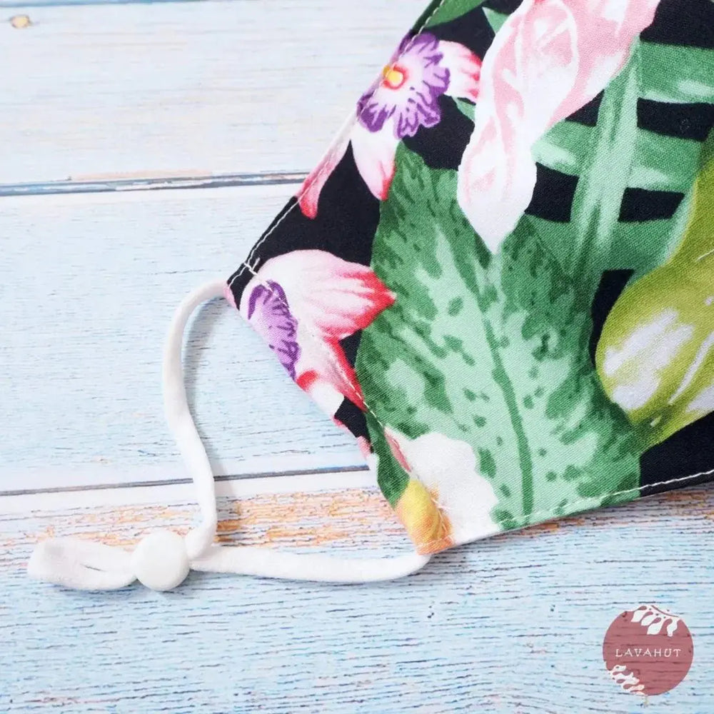 Adjustable Tropical Face Mask • Black Flower Kiss - Made in Hawaii