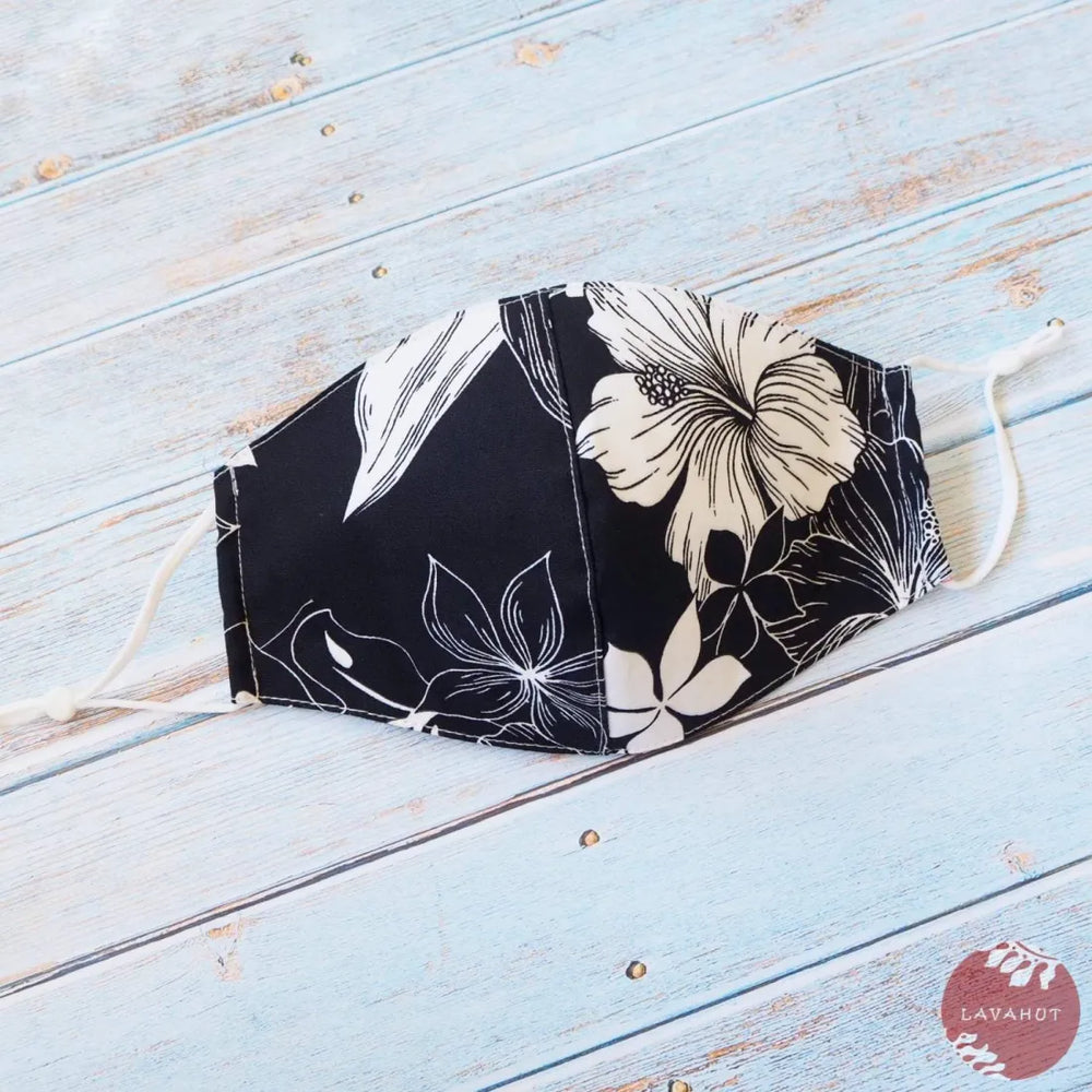 Adjustable Tropical Face Mask ?? Black Hibiscus Etch - Made in Hawaii