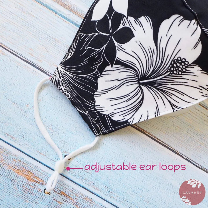 Adjustable Tropical Face Mask • Black Hibiscus Etch - Made in Hawaii