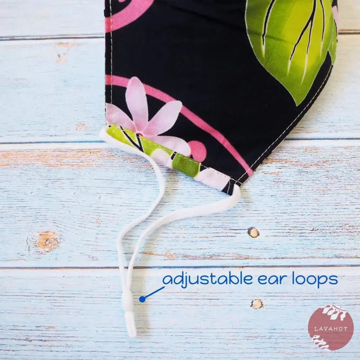Adjustable Tropical Face Mask • Black Tiare Blossoms - Made in Hawaii