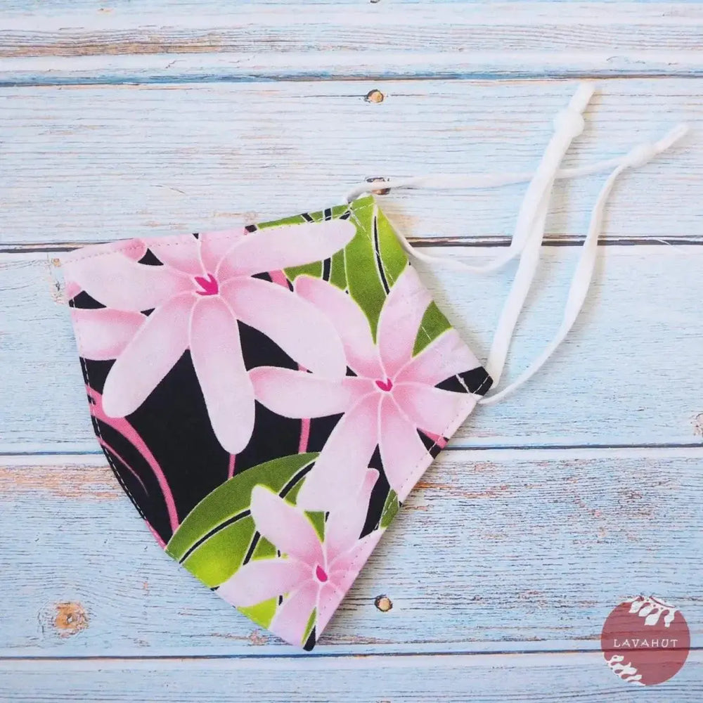 Adjustable Tropical Face Mask • Black Tiare Blossoms - Made in Hawaii