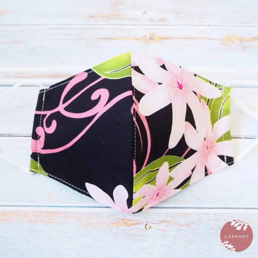 Adjustable Tropical Face Mask • Black Tiare Blossoms - Made in Hawaii