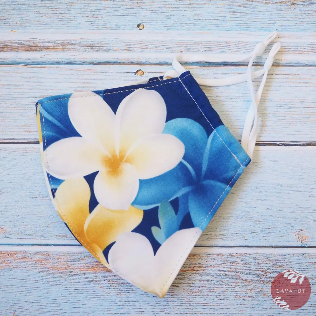 Adjustable Tropical Face Mask ?? Blue Dancing Plumeria - Made in Hawaii