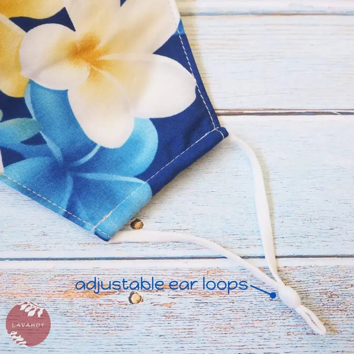 Adjustable Tropical Face Mask • Blue Dancing Plumeria - Made in Hawaii