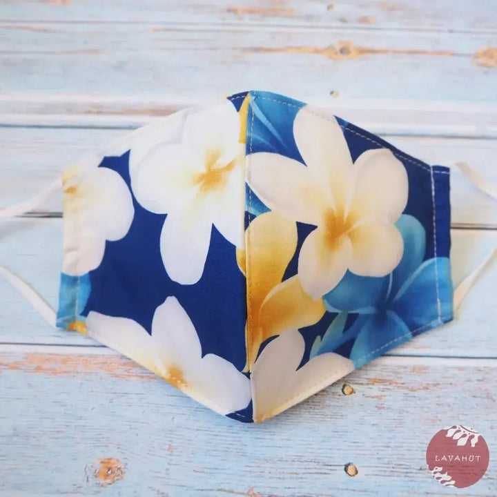 Adjustable Tropical Face Mask • Blue Dancing Plumeria - Made in Hawaii