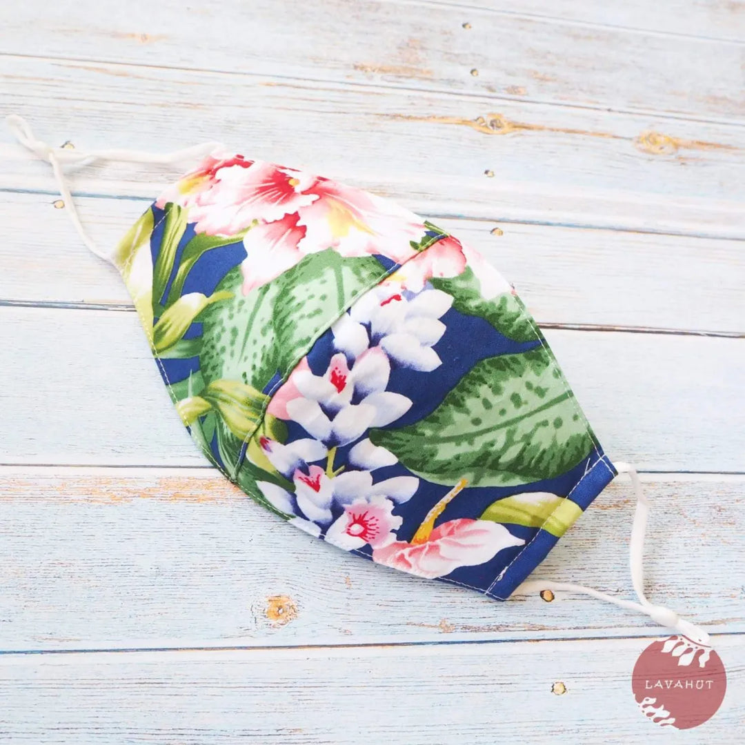 Adjustable Tropical Face Mask ?? Blue Flower Kiss - Made in Hawaii