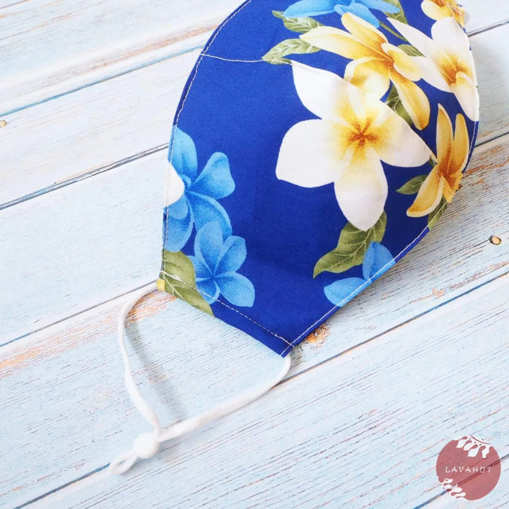 Adjustable Tropical Face Mask ?? Blue Plumeria Fun - Made in Hawaii