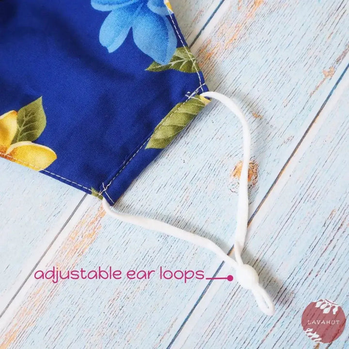 Adjustable Tropical Face Mask • Blue Plumeria Fun - Made in Hawaii