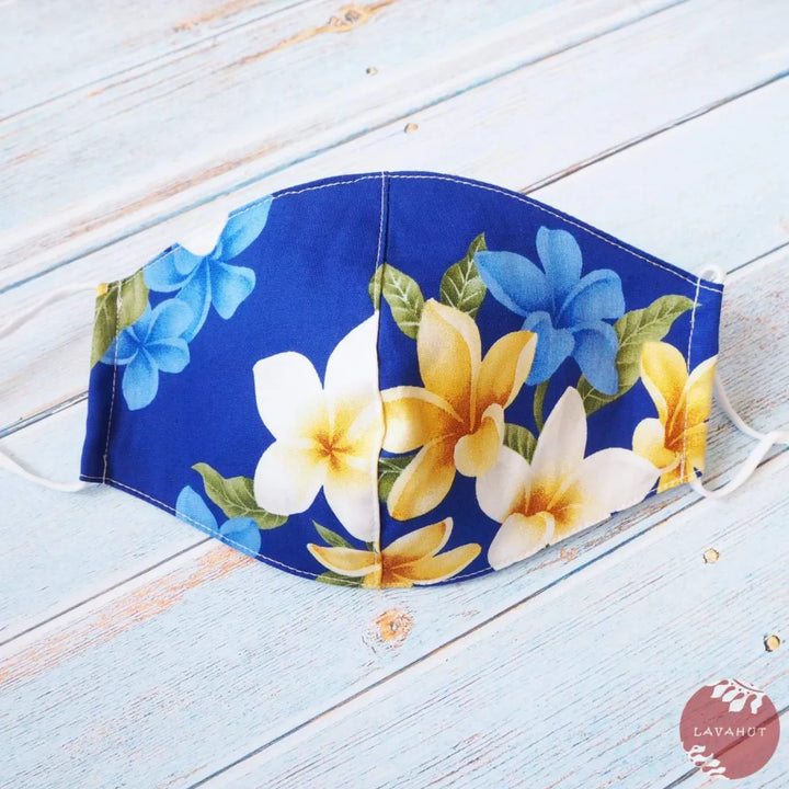 Adjustable Tropical Face Mask ?? Blue Plumeria Fun - Made in Hawaii