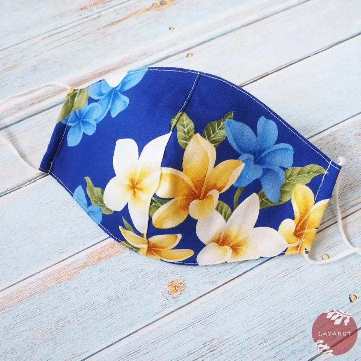 Adjustable Tropical Face Mask • Blue Plumeria Fun - Made in Hawaii