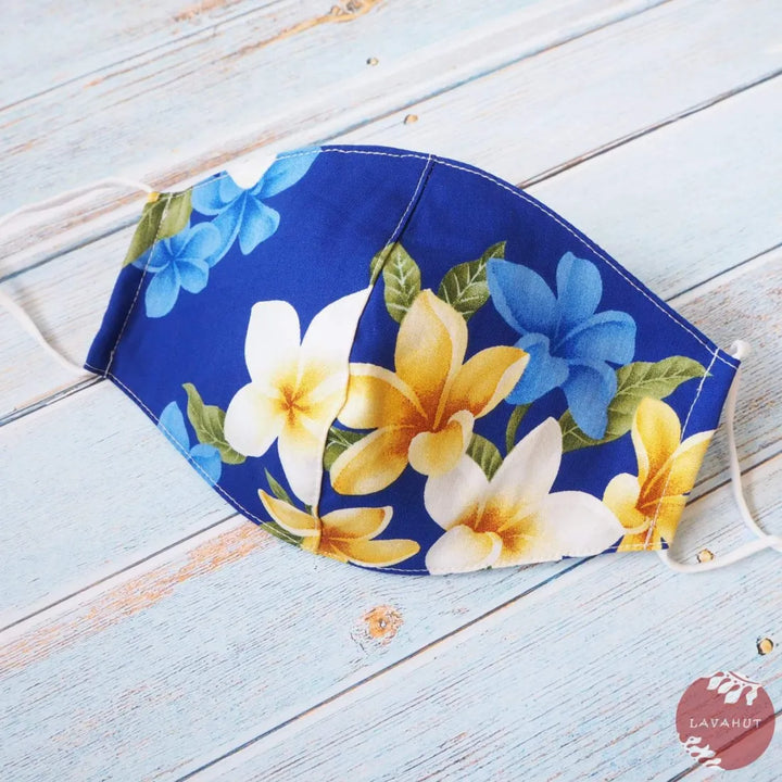 Adjustable Tropical Face Mask ?? Blue Plumeria Fun - Made in Hawaii