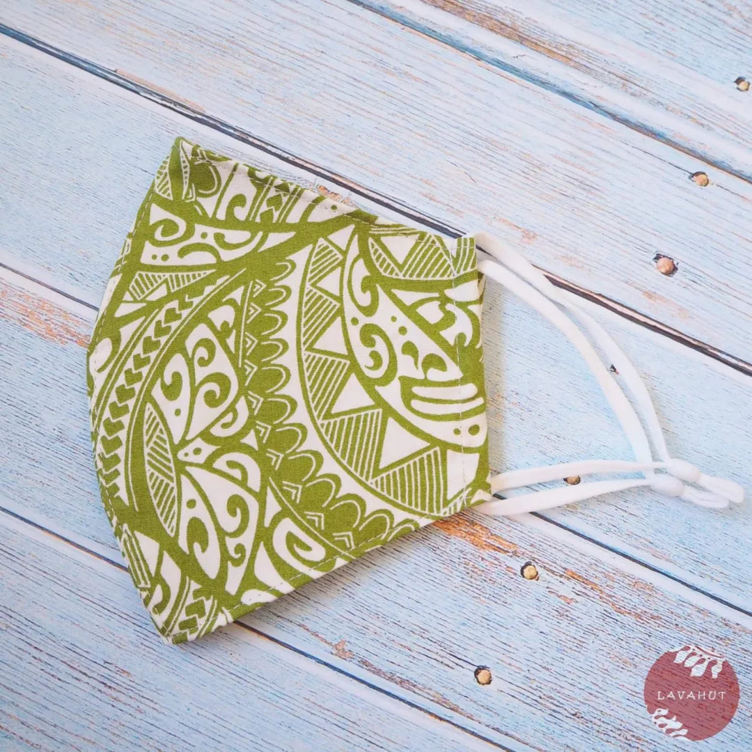 Adjustable Tropical Face Mask ?? Green Tribal - Made in Hawaii