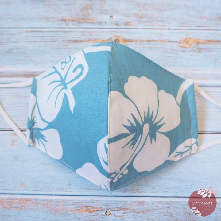 Adjustable Tropical Face Mask ?? Light Blue Hibiscus Fiesta - Made in Hawaii