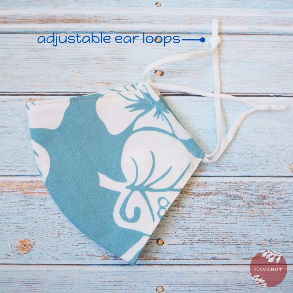 Adjustable Tropical Face Mask ?? Light Blue Hibiscus Fiesta - Made in Hawaii