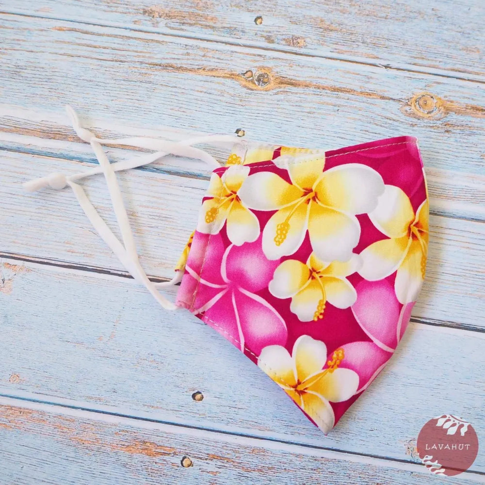 Adjustable Tropical Face Mask ?? Magenta Dancing Plumeria - Made in Hawaii