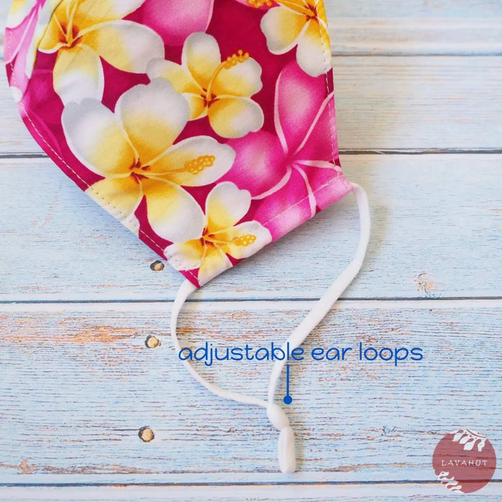 Adjustable Tropical Face Mask ?? Magenta Dancing Plumeria - Made in Hawaii