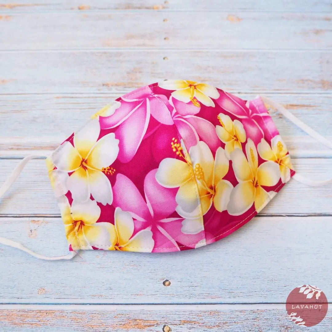 Adjustable Tropical Face Mask ?? Magenta Dancing Plumeria - Made in Hawaii