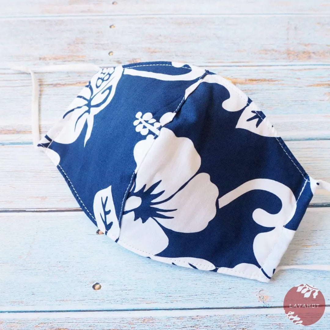 Adjustable Tropical Face Mask ?? Navy Blue Hibiscus Fiesta - Made in Hawaii