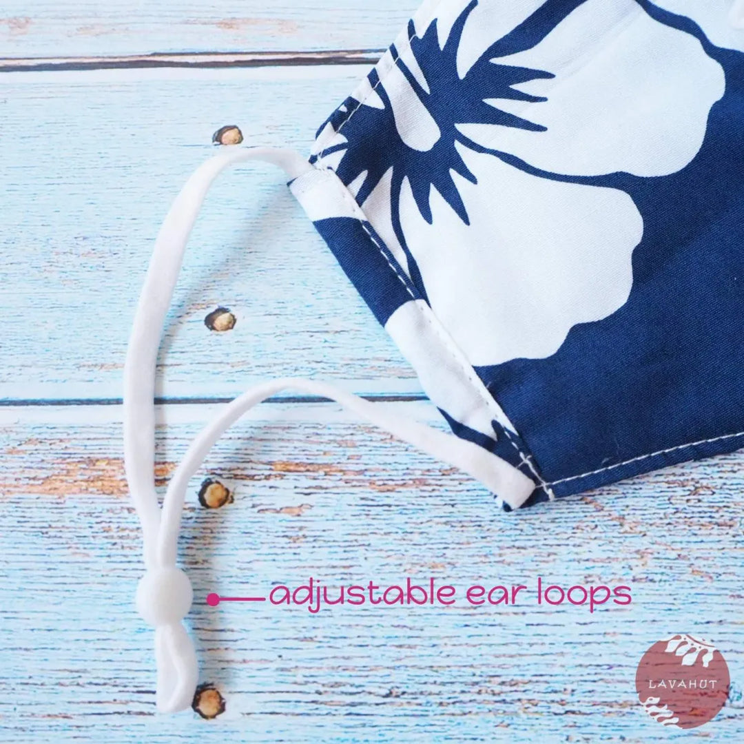 Adjustable Tropical Face Mask ?? Navy Blue Hibiscus Fiesta - Made in Hawaii