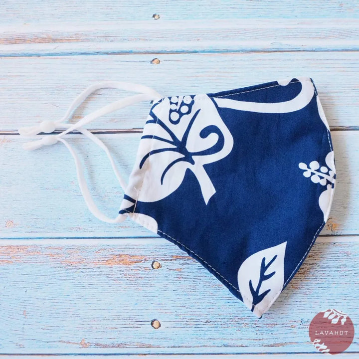 Adjustable Tropical Face Mask ?? Navy Blue Hibiscus Fiesta - Made in Hawaii