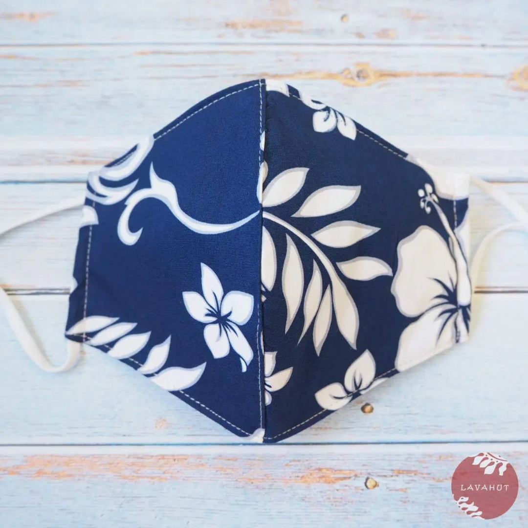 Adjustable Tropical Face Mask ?? Navy Blue Lauae Fern - Made in Hawaii