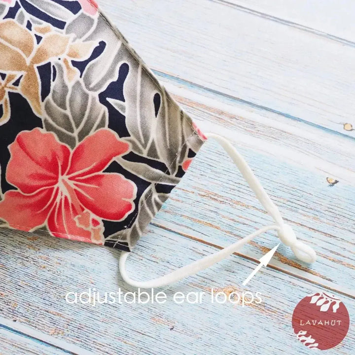 Adjustable Tropical Face Mask • Navy Blue Royal Hibiscus - Made in Hawaii