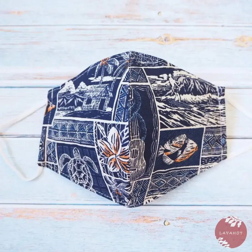 Adjustable Tropical Face Mask • Navy Blue Vintage - Made in Hawaii