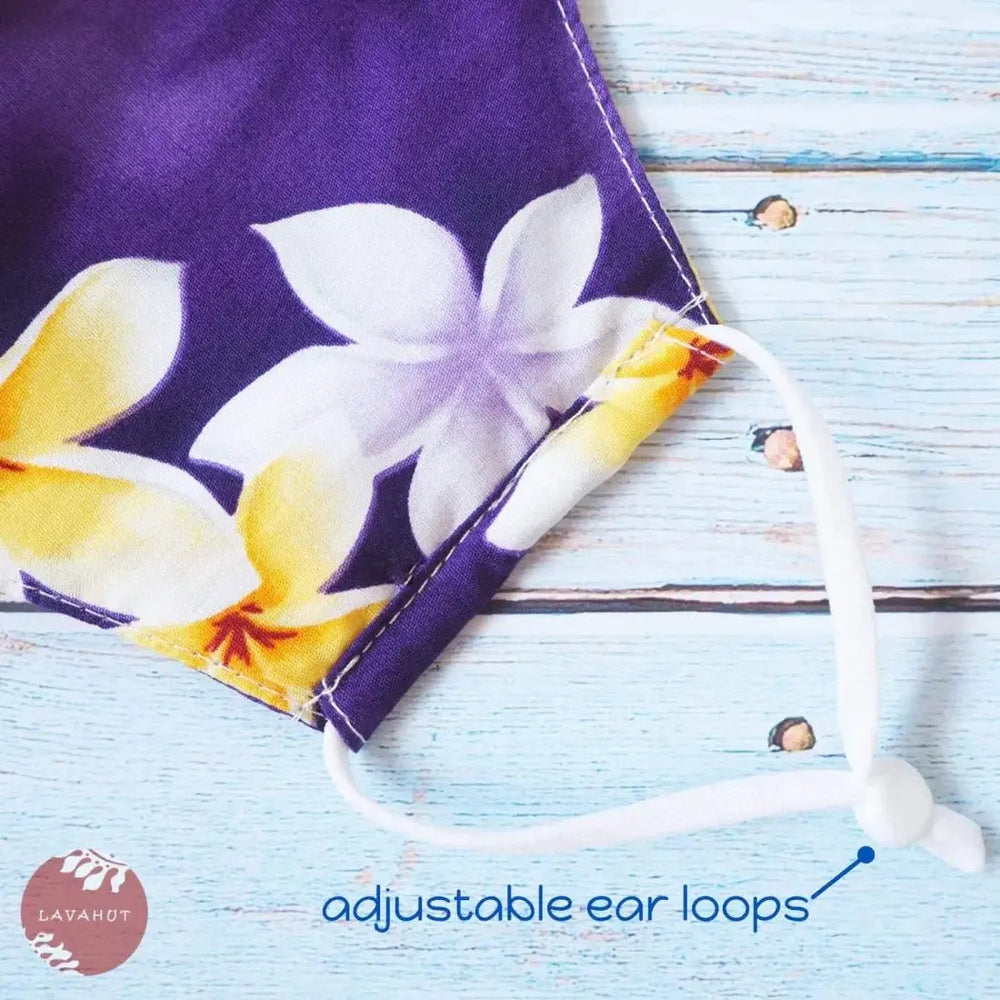Adjustable Tropical Face Mask • Purple Dancing Plumeria - Made in Hawaii