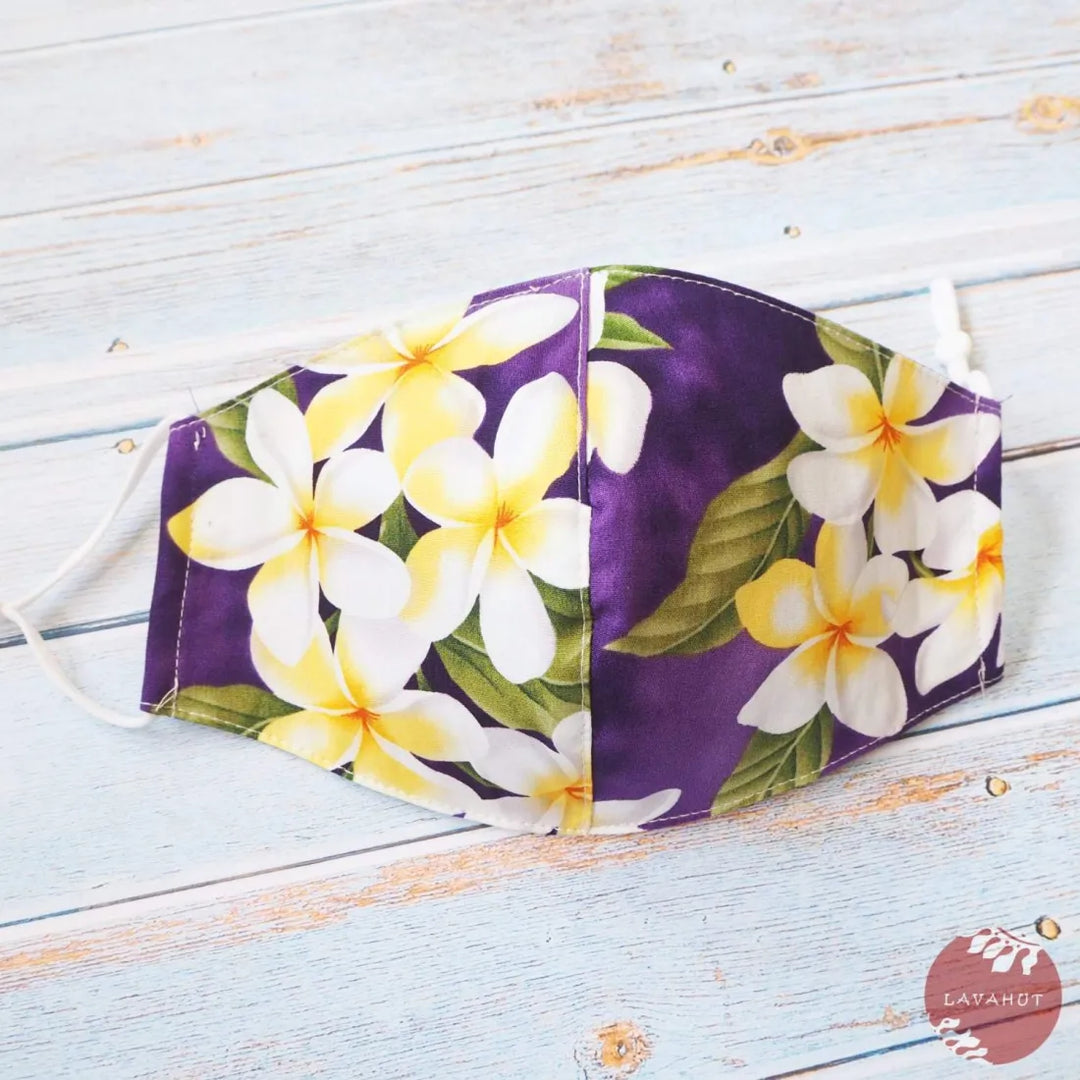 Adjustable Tropical Face Mask ?? Purple Plumeria Fun - Made in Hawaii