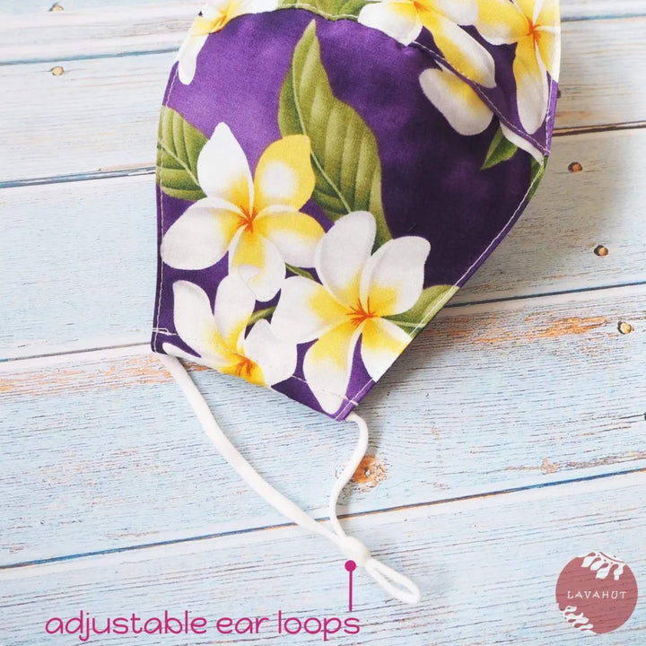 Adjustable Tropical Face Mask ?? Purple Plumeria Fun - Made in Hawaii