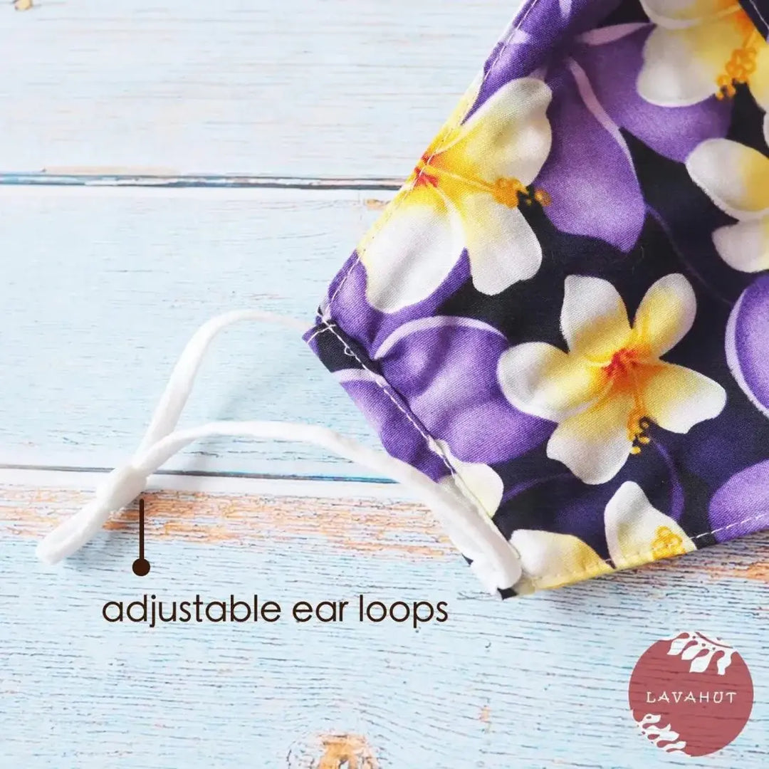 Adjustable Tropical Face Mask • Purple Sunny Hibiscus - Made in Hawaii
