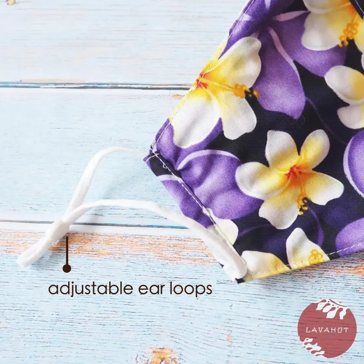 Adjustable Tropical Face Mask • Purple Sunny Hibiscus - Made in Hawaii