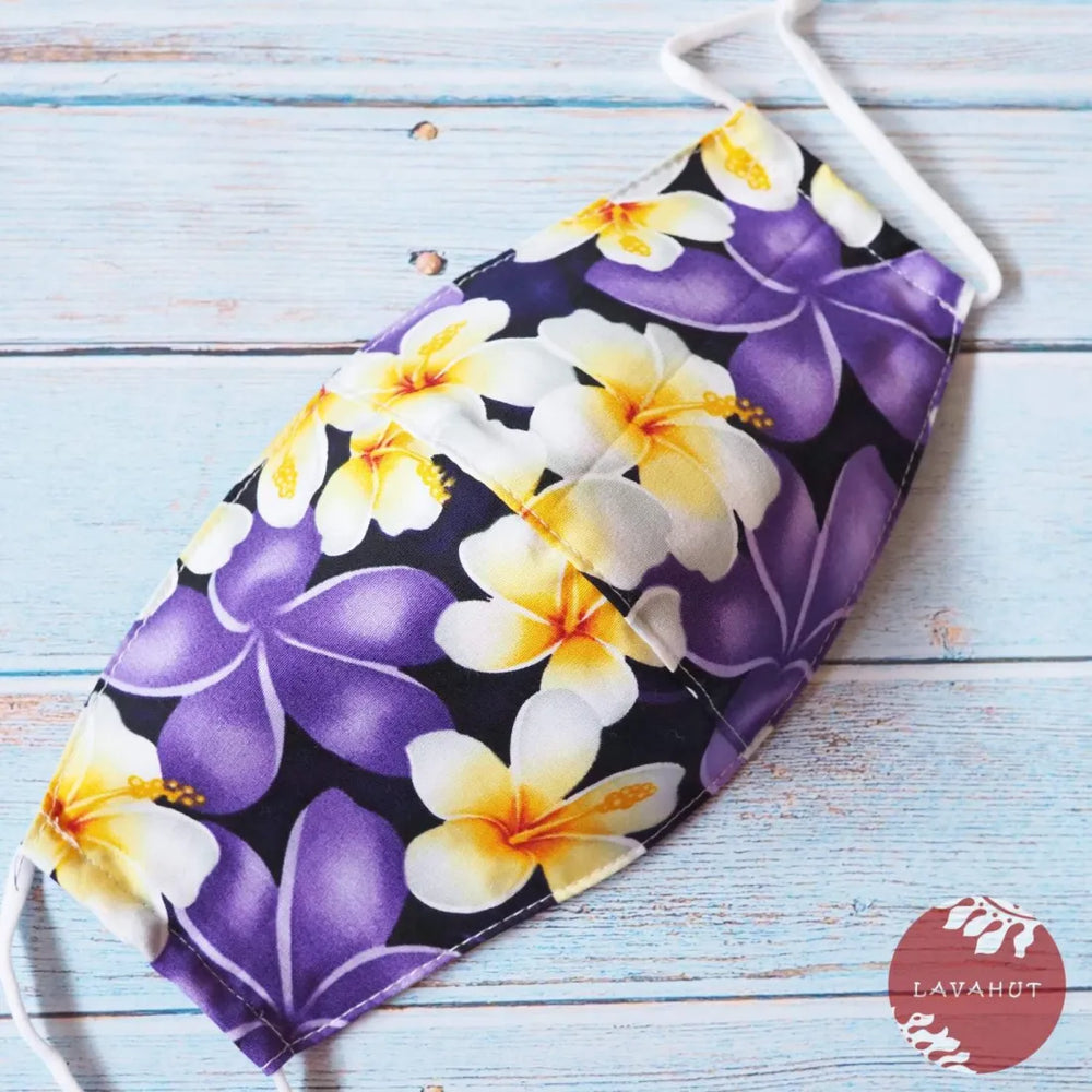 Adjustable Tropical Face Mask ?? Purple Sunny Hibiscus - Made in Hawaii