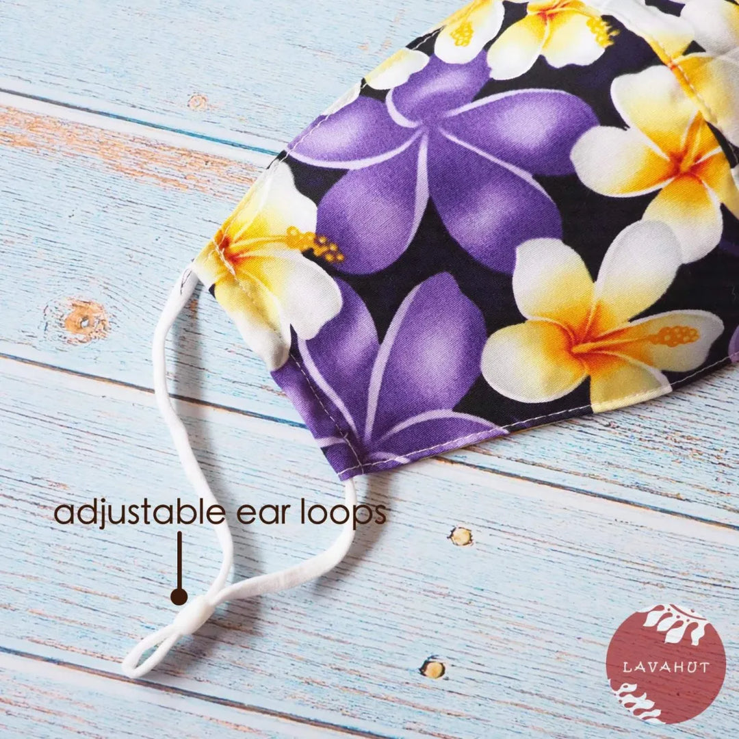 Adjustable Tropical Face Mask ?? Purple Sunny Hibiscus - Made in Hawaii