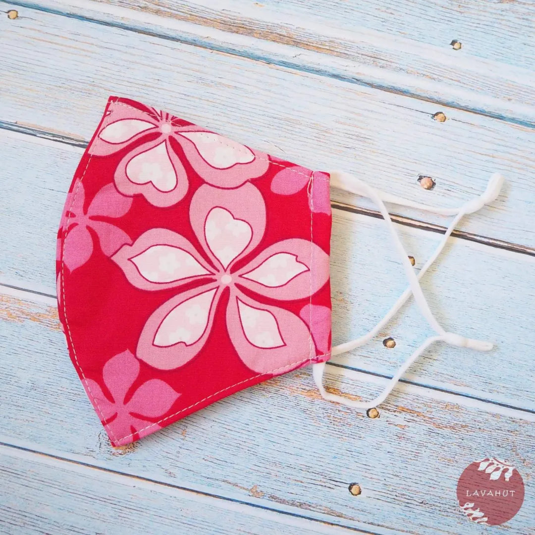 Adjustable Tropical Face Mask ?? Red Groovy Plumeria - Made in Hawaii